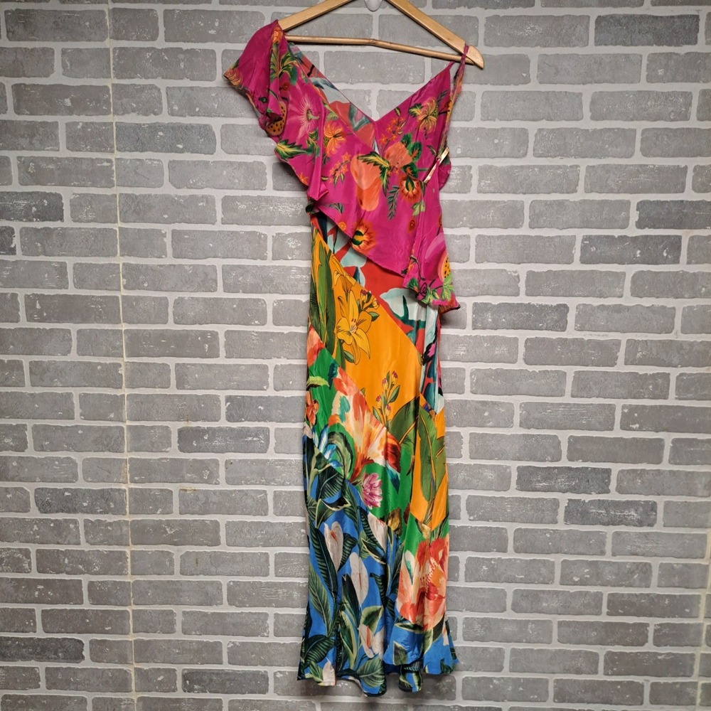 Farm Rio Ruffled Floral Print Satin Crepe De Chine Midi Dress Size Small - Picture 10 of 16